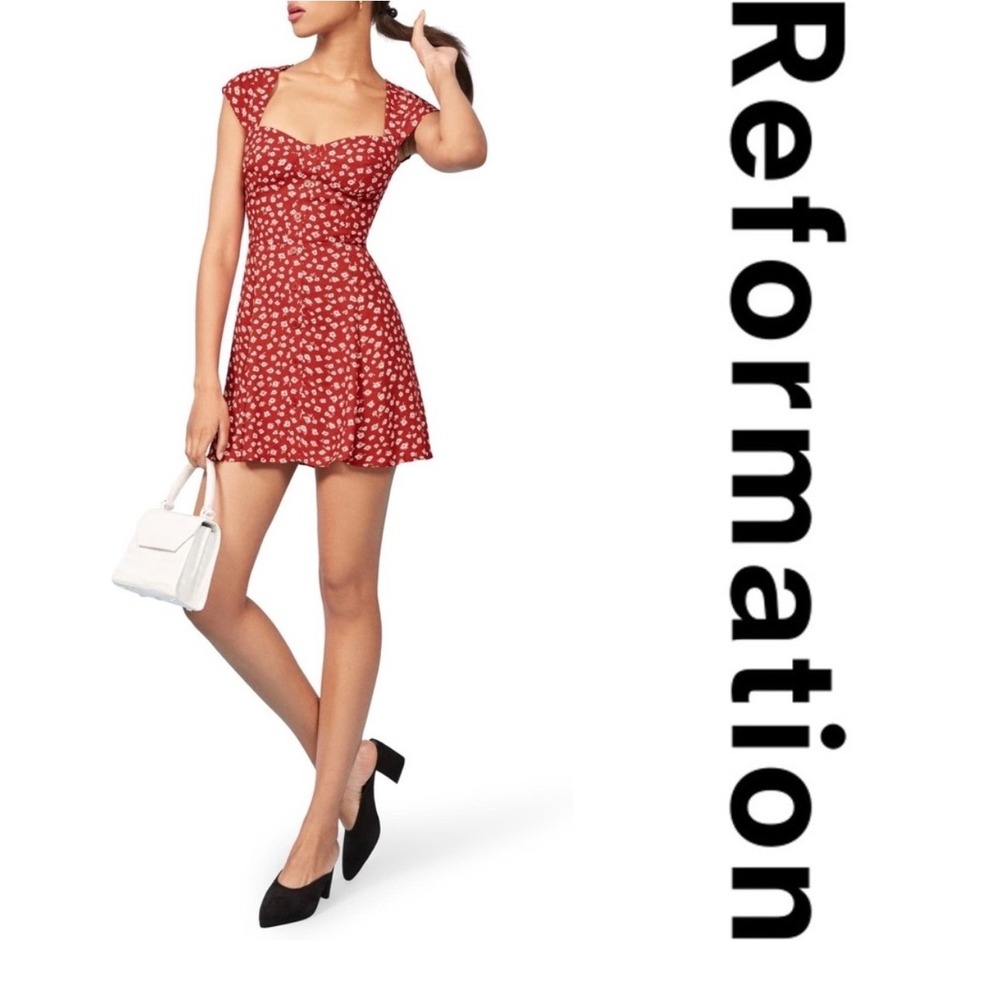 REFORMATION‎ Cheri Minidress Last Tango Red Floral Button Front Cap Sleeve Sz 0